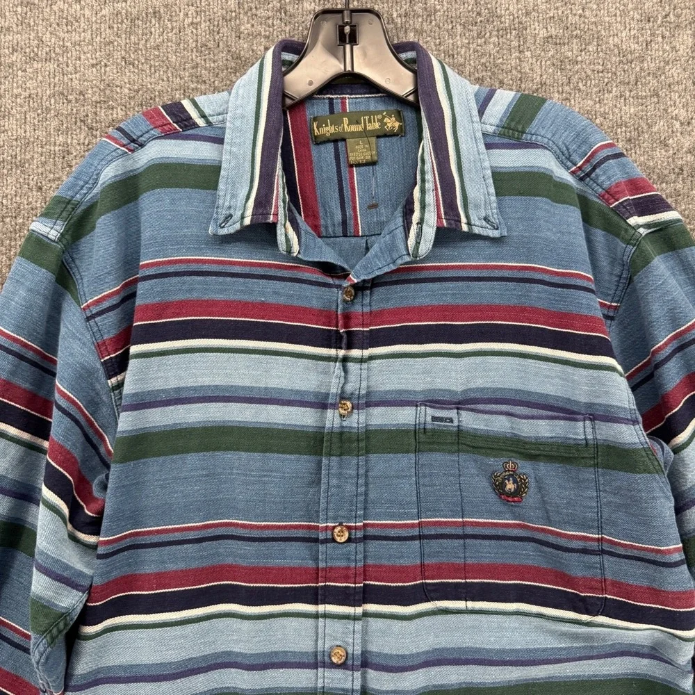 Vintage Knights of Round Table Shirt Mens L Blue Striped Button Up Western Ranch